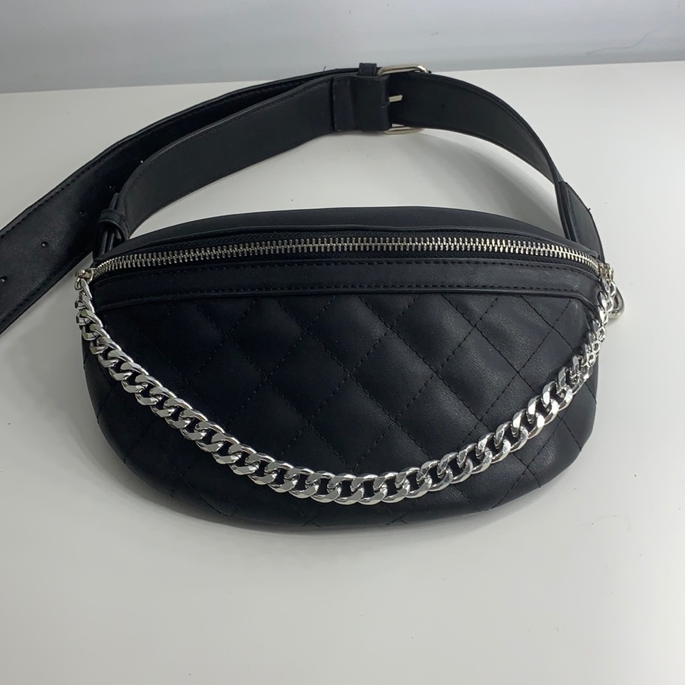 Black Vegan Leather Fanny Pack with Chain